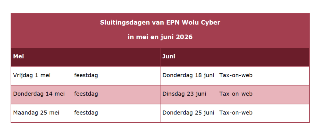 sluitingsdagen epn wolu cyber mei juni 2026